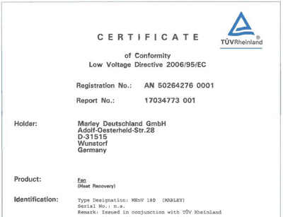 Сертификат TUV рекуператор Marley MEnV-180