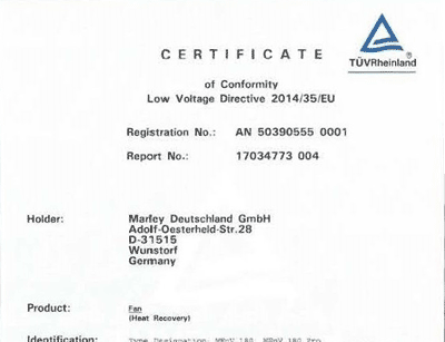 Сертификат TUV рекуператор Marley MEnV-180 Pro